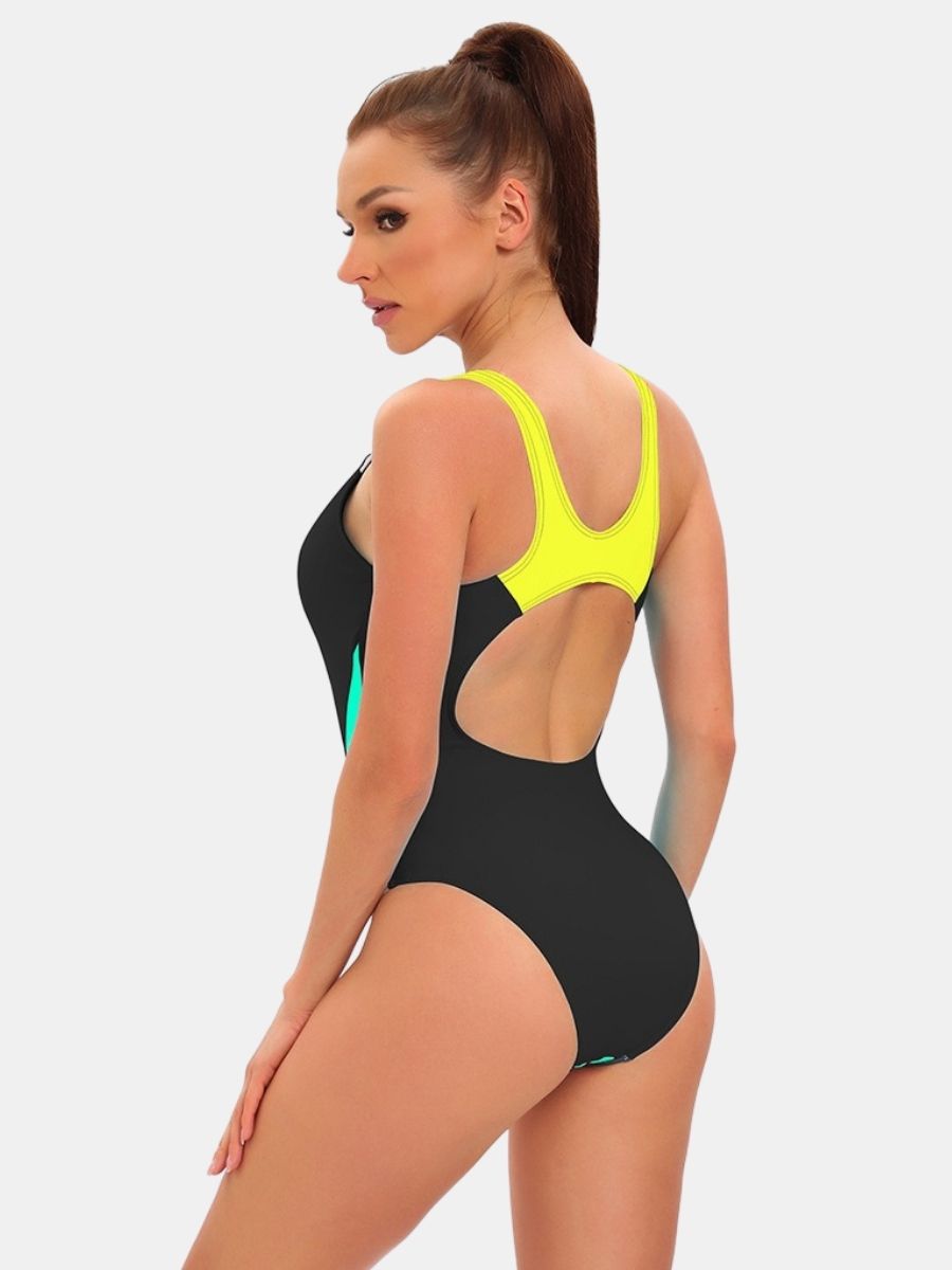 Colorblock Wide Strap U Neck Open Back Athletic Women One-piece Sports Swimsuit