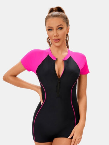 Short Sleeve Front Zip Colorblock Surfing Athletic Women One-piece Sports Swimsuit