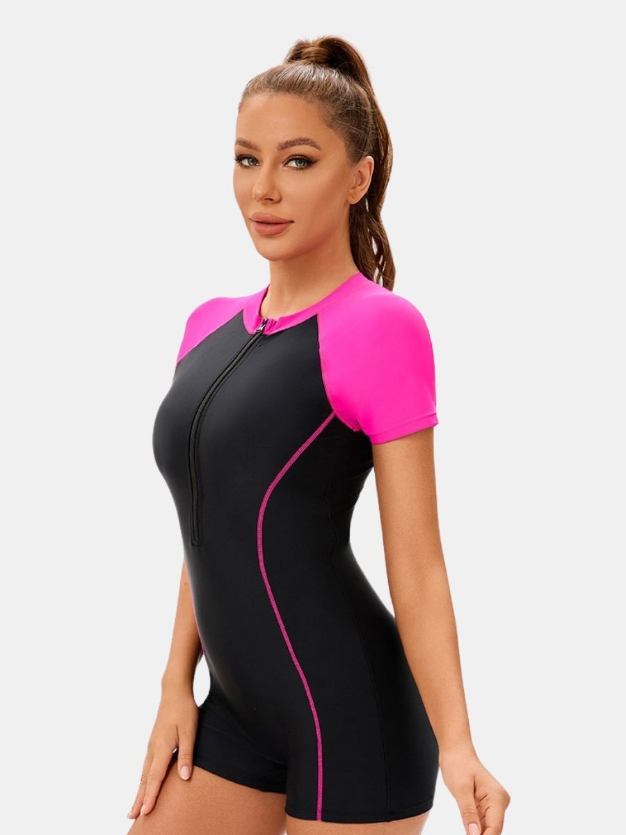 Short Sleeve Front Zip Colorblock Surfing Athletic Women One-piece Sports Swimsuit