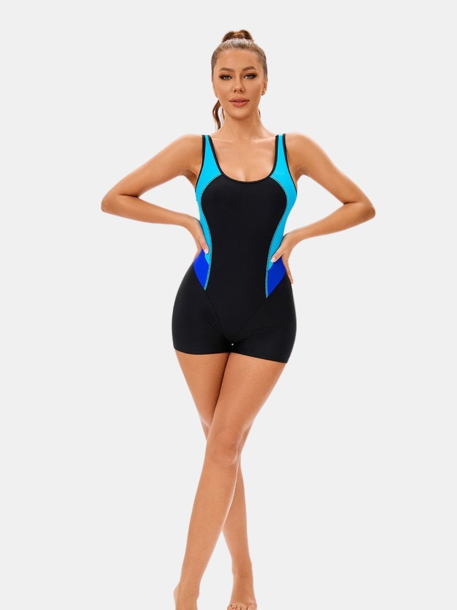 Colorblock Wide Strap Open Back Boyleg Athletic Women One-piece Sports Swimsuit