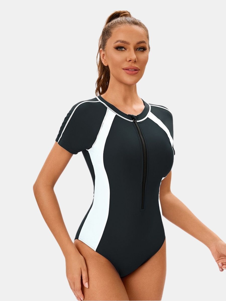 Front Zip Short Sleeve Athletic One-piece Women Sports Swimsuit