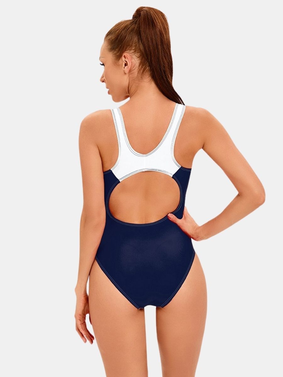 Colorblock Wide Strap U Neck Open Back Athletic Women One-piece Sports Swimsuit