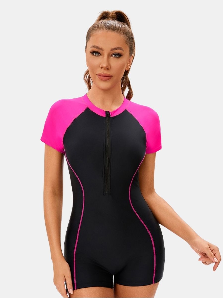 Short Sleeve Front Zip Colorblock Surfing Athletic Women One-piece Sports Swimsuit