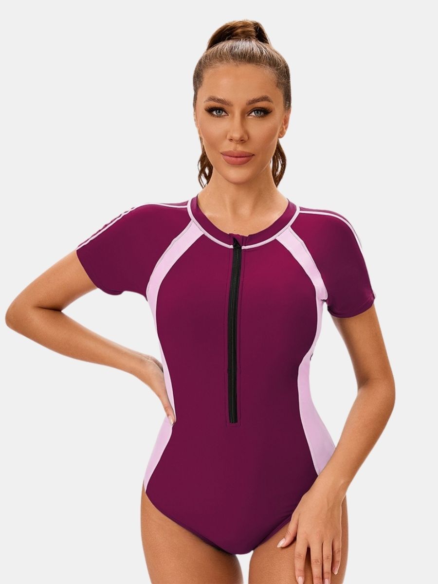 Front Zip Short Sleeve Athletic One-piece Women Sports Swimsuit
