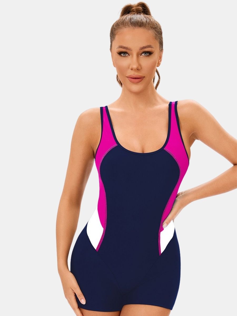 Colorblock Wide Strap Open Back Boyleg Athletic Women One-piece Sports Swimsuit