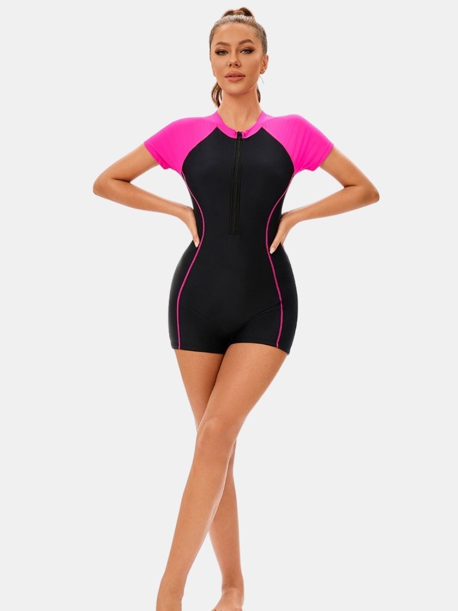Short Sleeve Front Zip Colorblock Surfing Athletic Women One-piece Sports Swimsuit