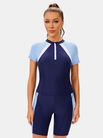 High Neck Front Zip Short Sleeve Boyshort Women Athletic Two-pieces Sports Swimsuit