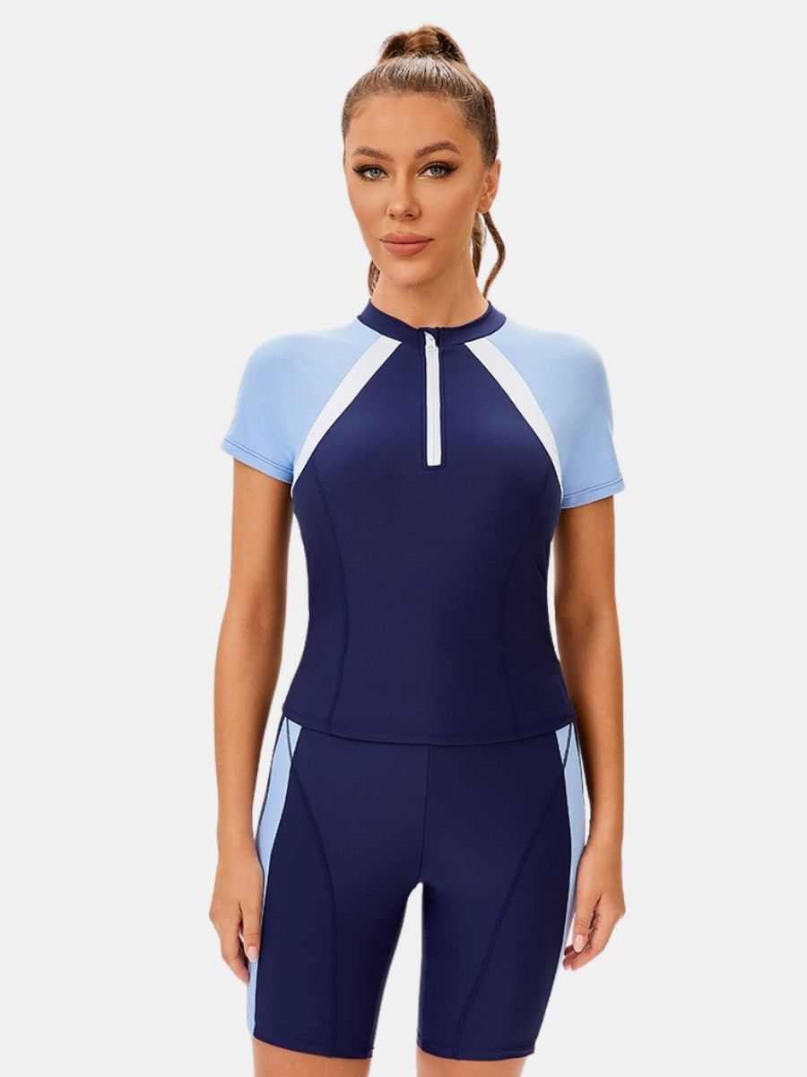 High Neck Front Zip Short Sleeve Boyshort Women Athletic Two-pieces Sports Swimsuit
