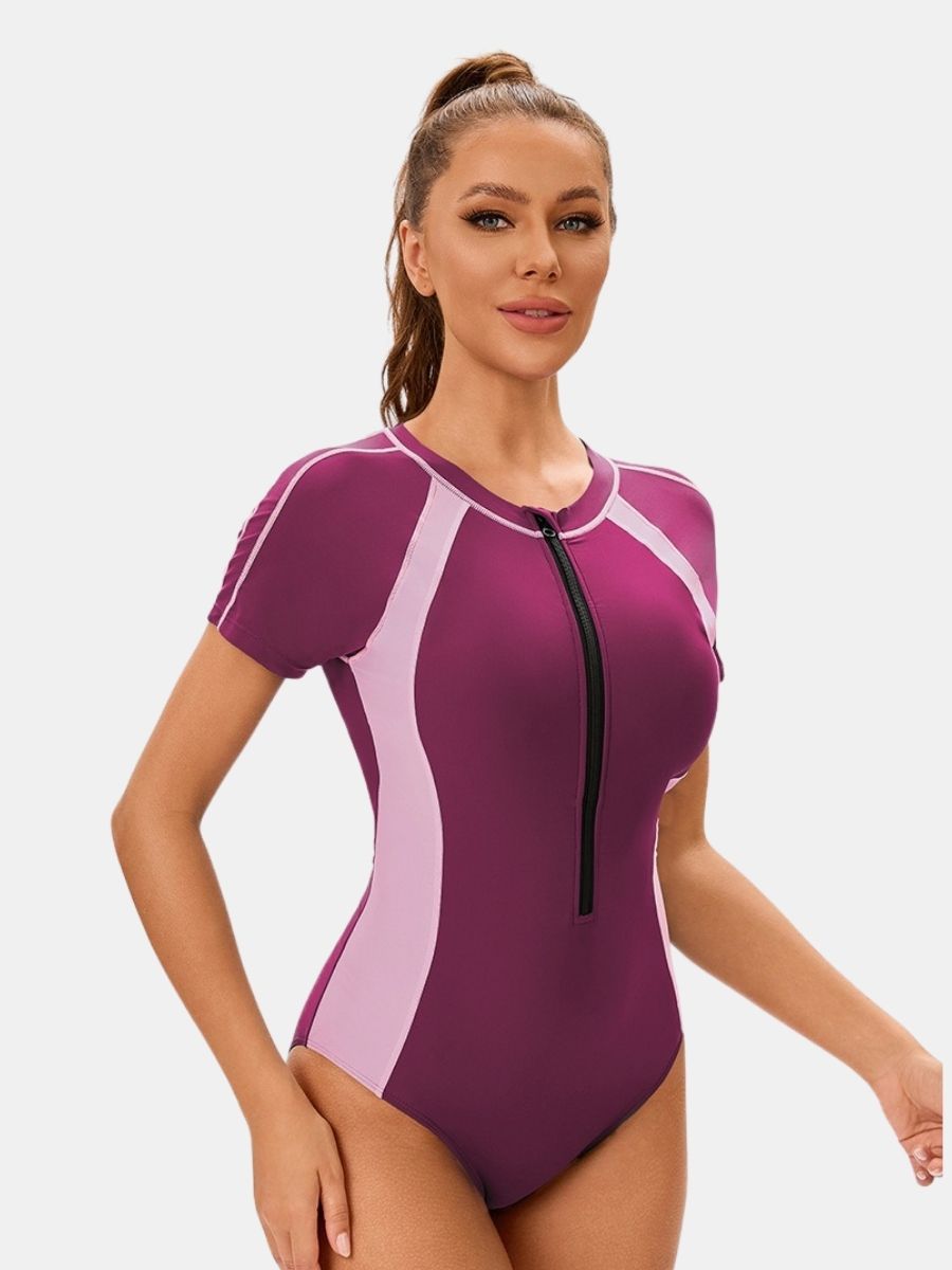 Front Zip Short Sleeve Athletic One-piece Women Sports Swimsuit