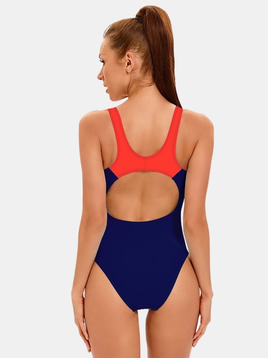 Colorblock Wide Strap U Neck Open Back Athletic Women One-piece Sports Swimsuit