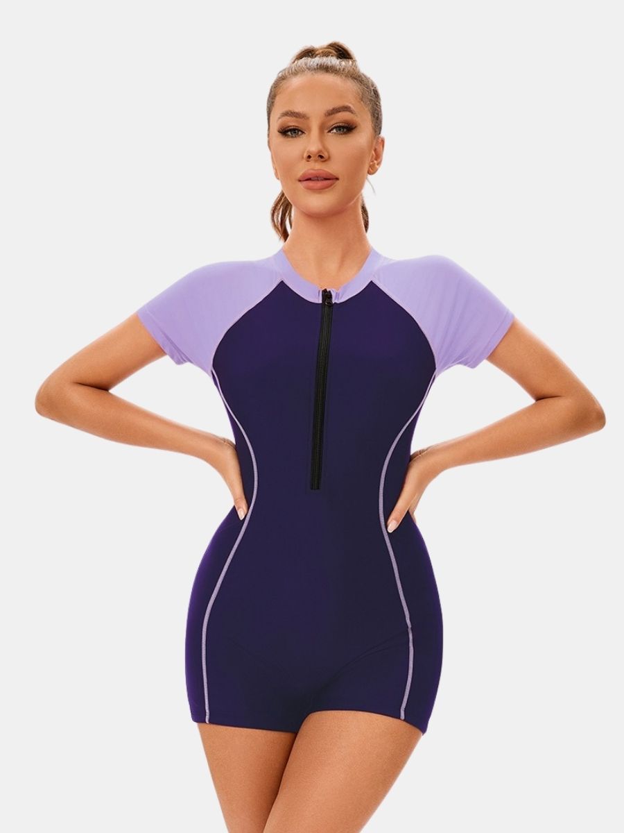 Short Sleeve Front Zip Colorblock Surfing Athletic Women One-piece Sports Swimsuit