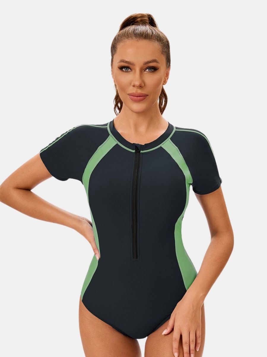 Front Zip Short Sleeve Athletic One-piece Women Sports Swimsuit