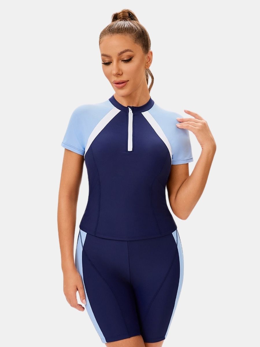 High Neck Front Zip Short Sleeve Boyshort Women Athletic Two-pieces Sports Swimsuit