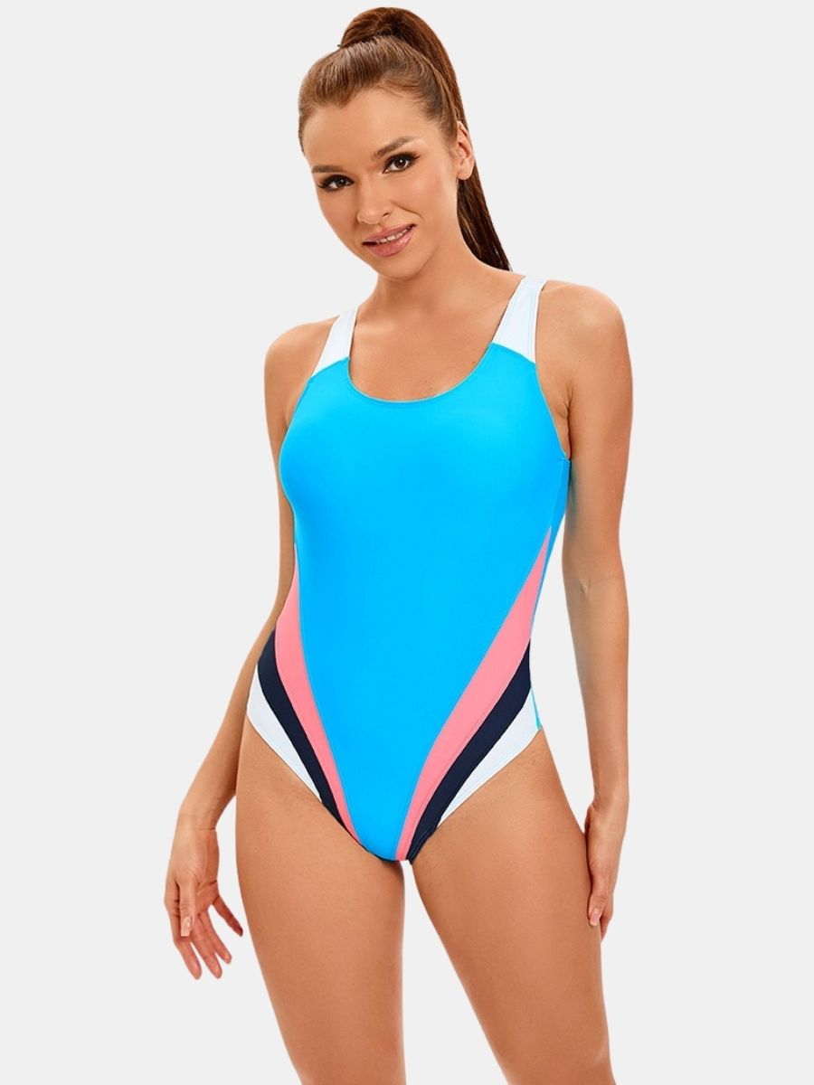 Colorblock Wide Strap U Neck Open Back Athletic Women One-piece Sports Swimsuit