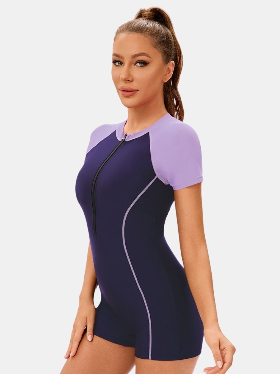Short Sleeve Front Zip Colorblock Surfing Athletic Women One-piece Sports Swimsuit