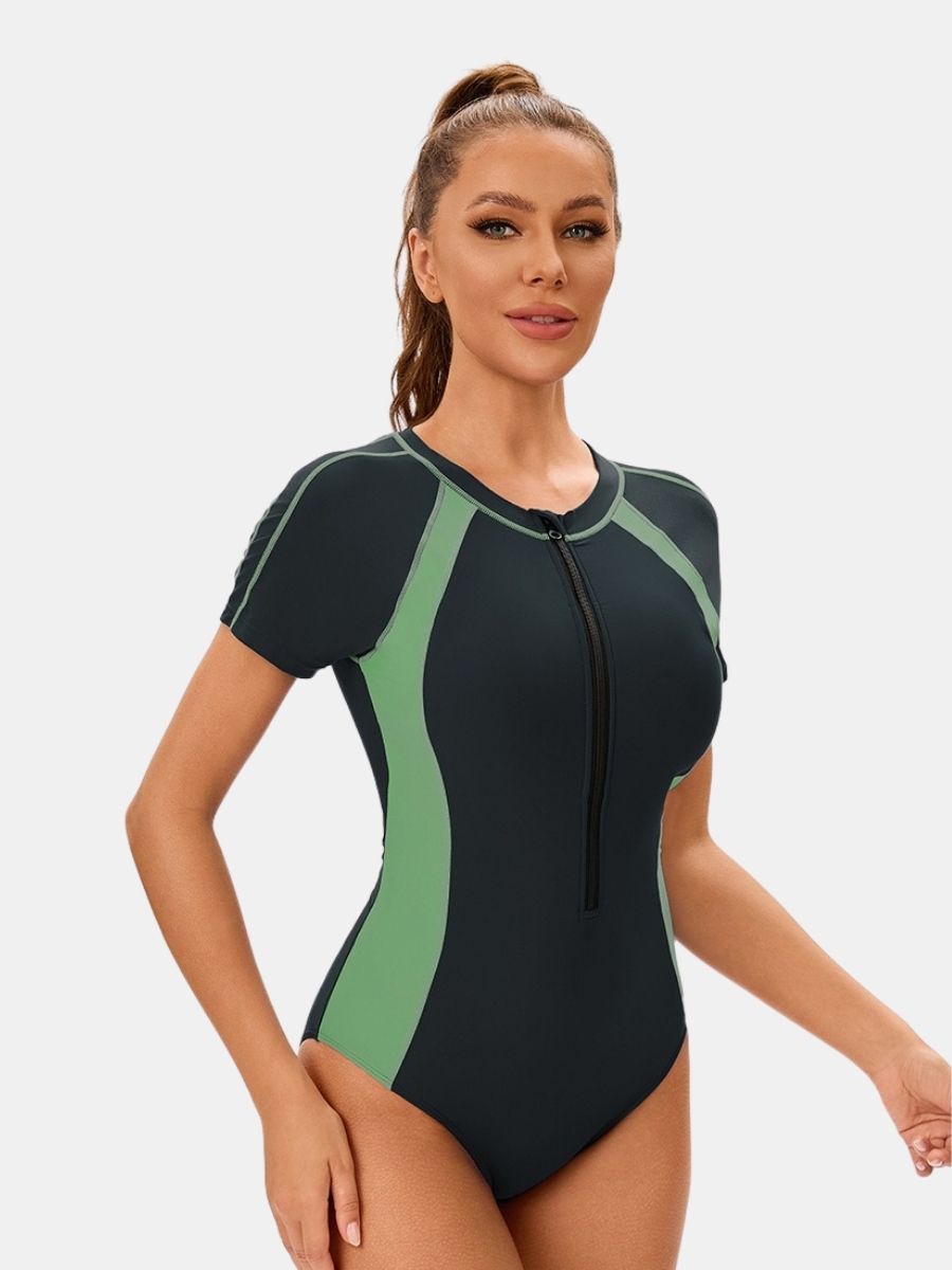 Front Zip Short Sleeve Athletic One-piece Women Sports Swimsuit