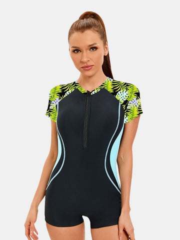 Front Zip Boyleg Floral Print One-piece Women Athletic Sports Swimwear