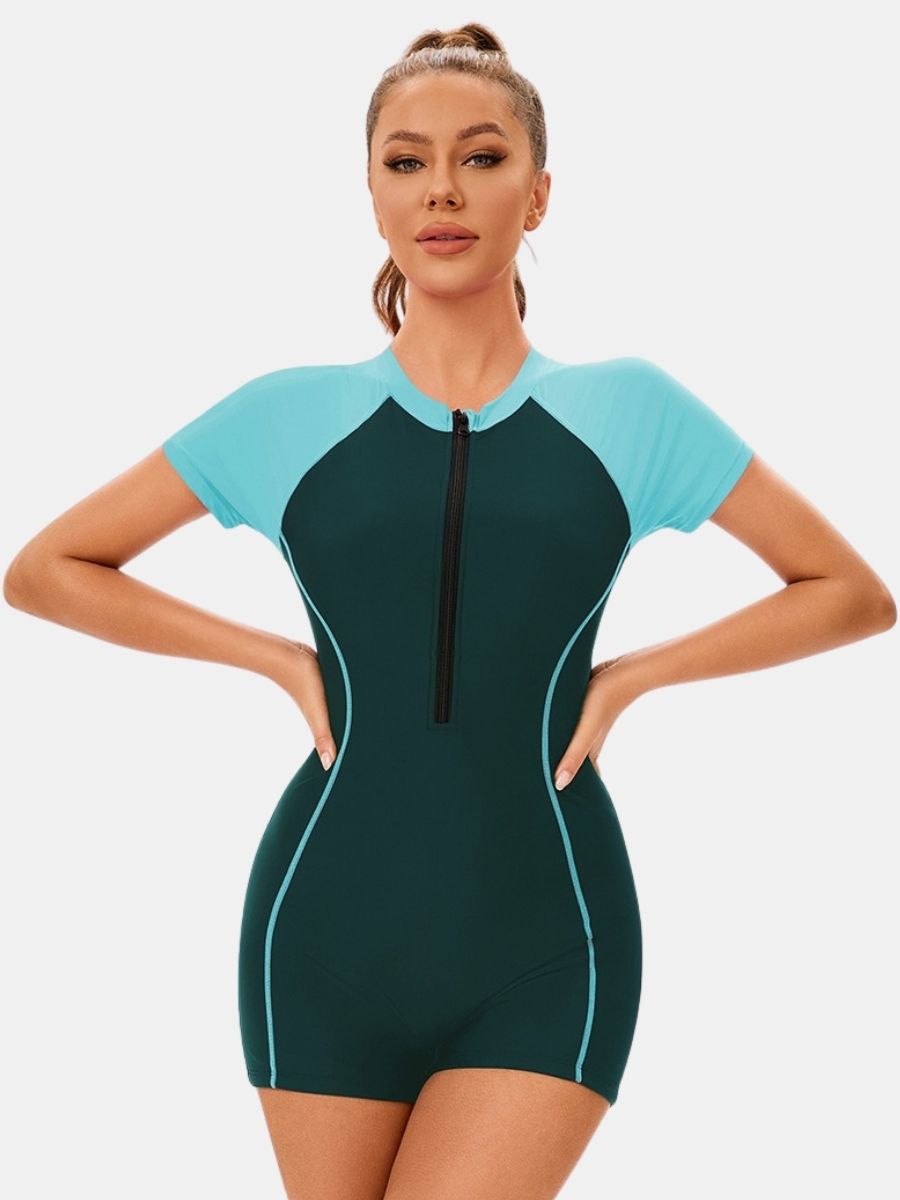 Short Sleeve Front Zip Colorblock Surfing Athletic Women One-piece Sports Swimsuit
