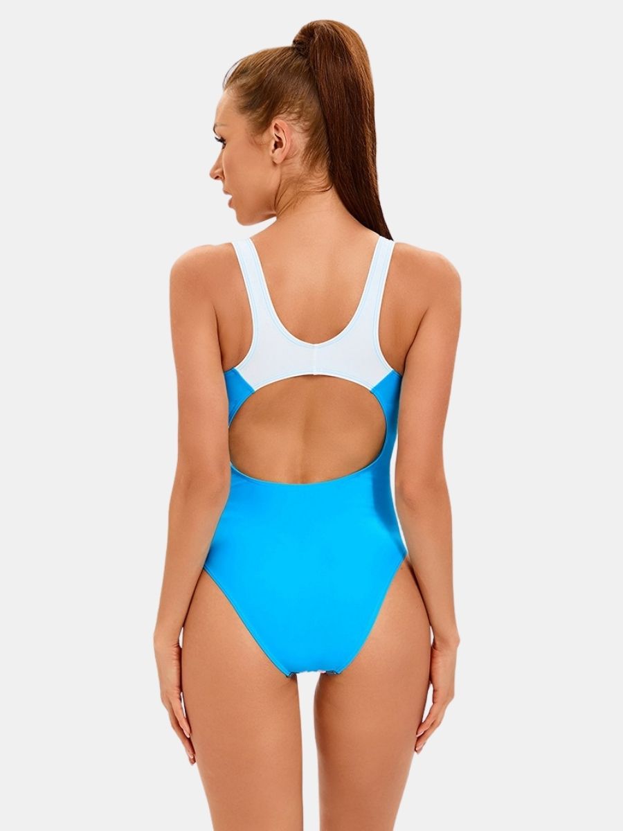 Colorblock Wide Strap U Neck Open Back Athletic Women One-piece Sports Swimsuit