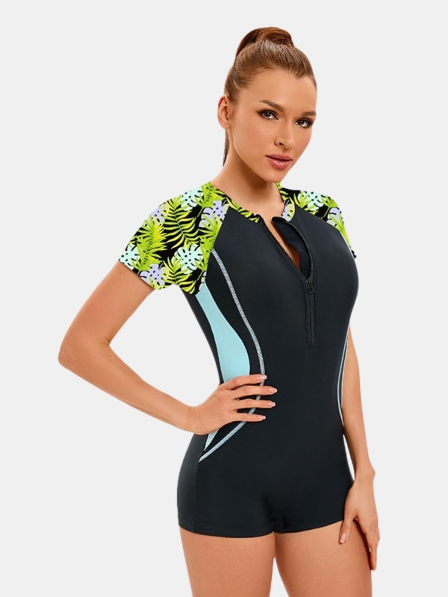 Front Zip Boyleg Floral Print One-piece Women Athletic Sports Swimwear