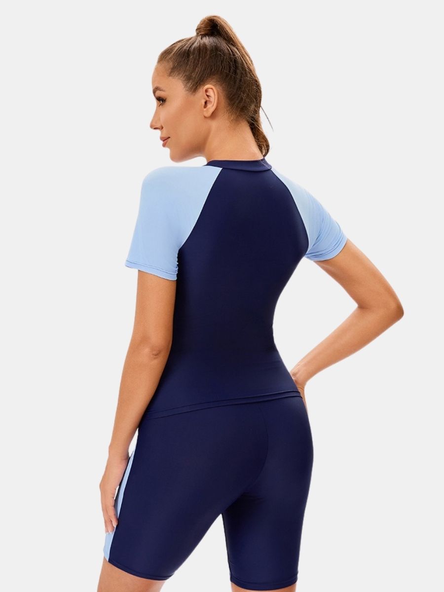 High Neck Front Zip Short Sleeve Boyshort Women Athletic Two-pieces Sports Swimsuit