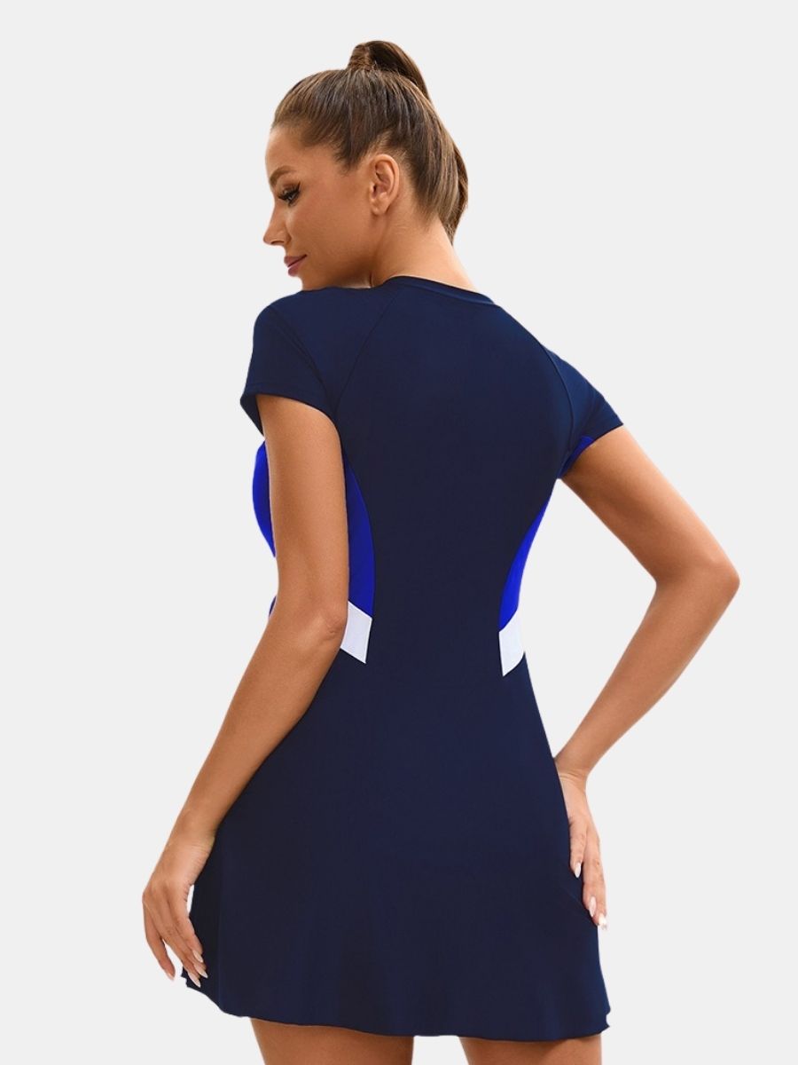 Short Sleeve Front Zip Athletic Women One-piece Sports Swimdress
