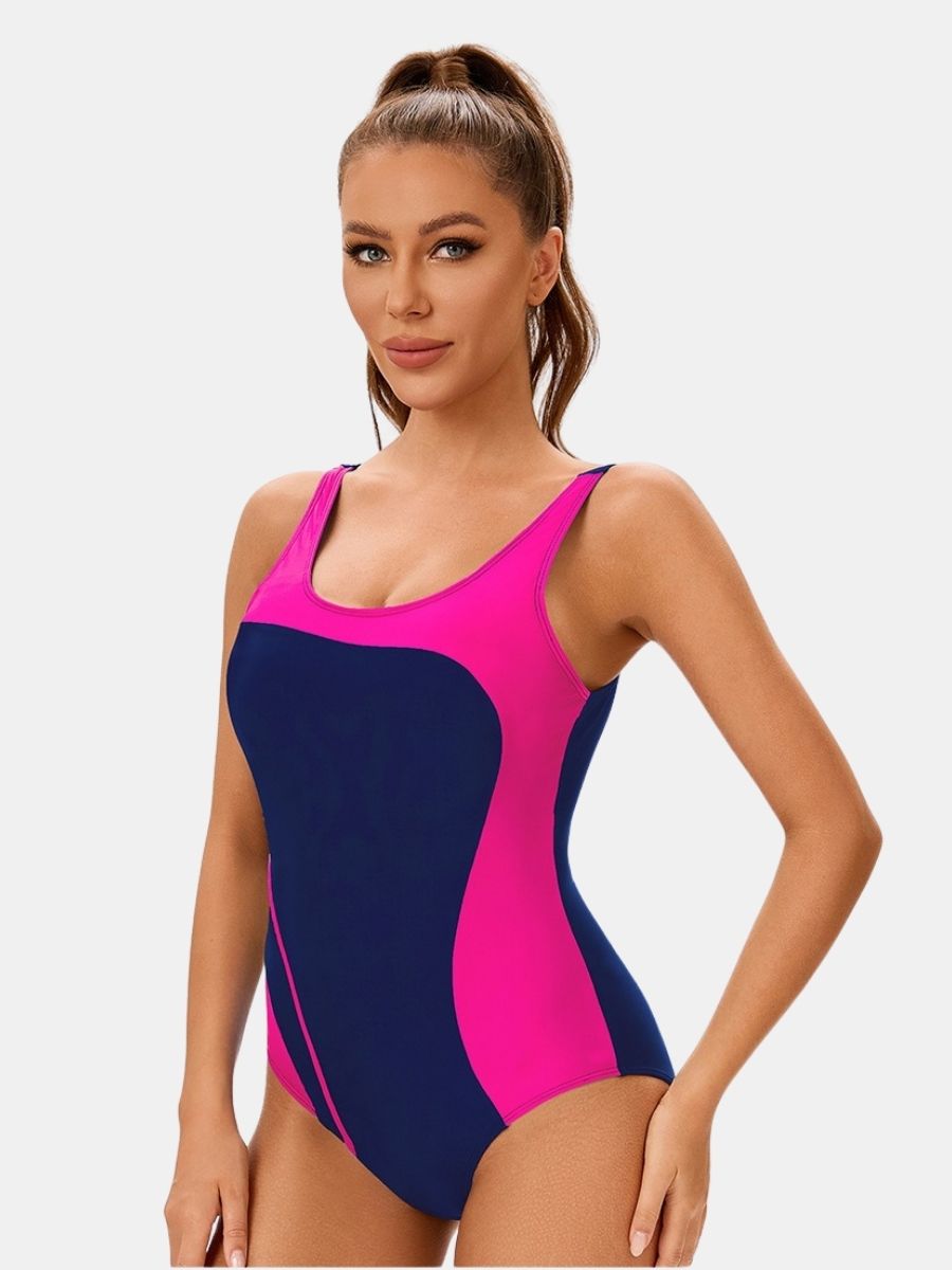Colorblock Backless Athletic Women One-piece Sports Swimsuit