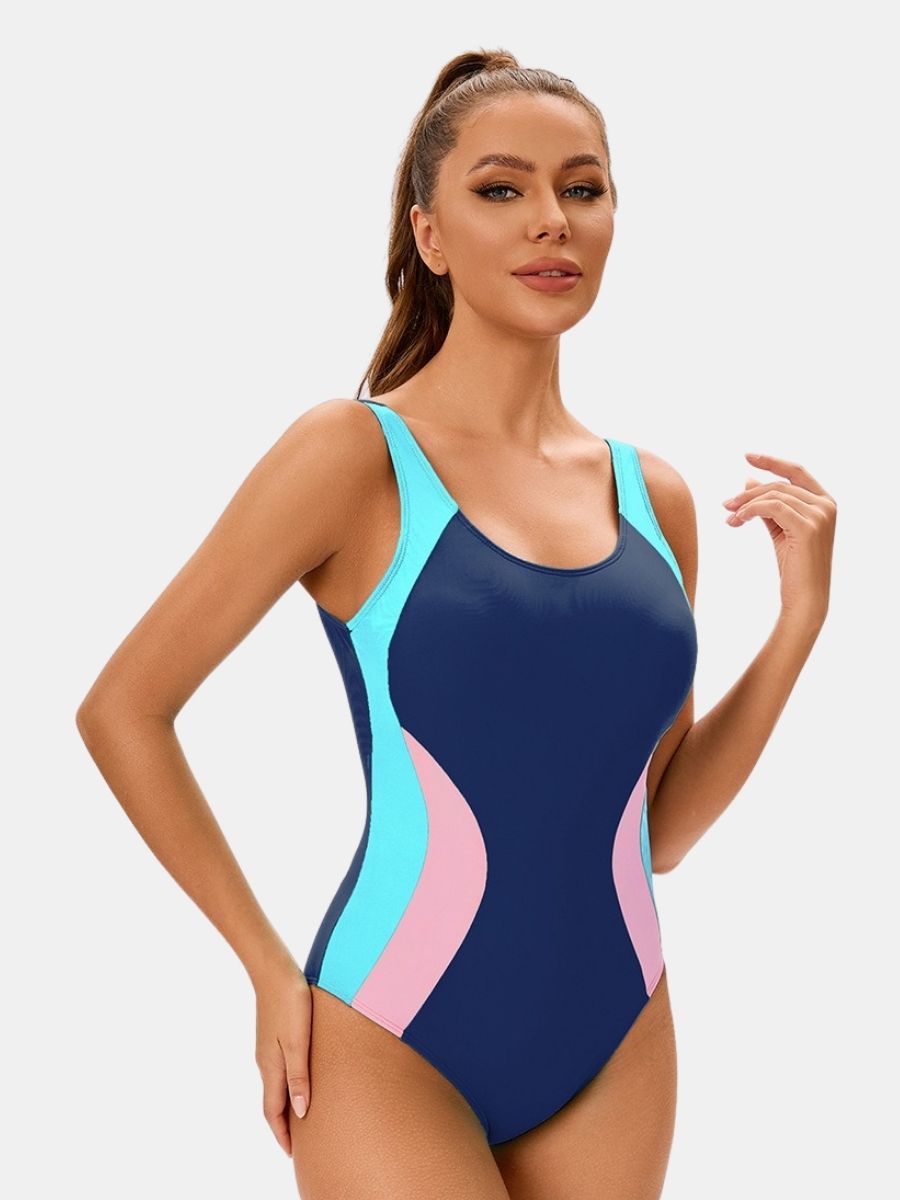 Colorblock Women Athletic One-piece Sports Swimwear