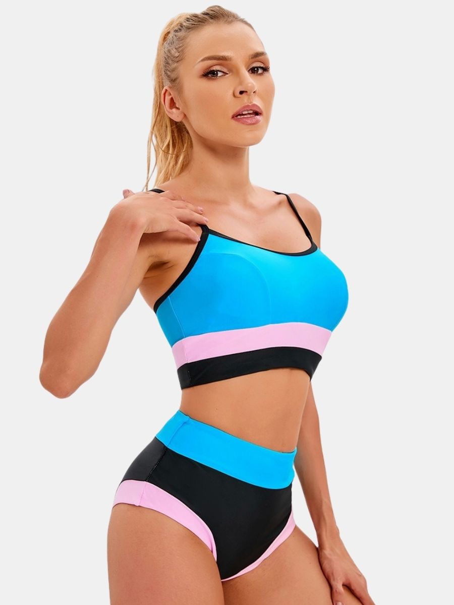 Thin Strap Athletic Colorblock Two-pieces Women Sports Swimsuit