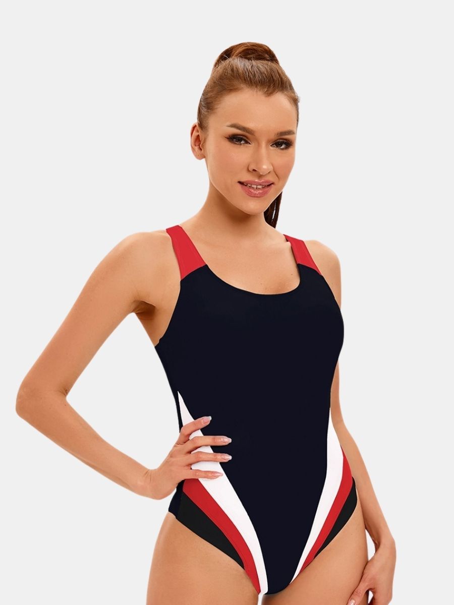 Colorblock Wide Strap U Neck Open Back Athletic Women One-piece Sports Swimsuit
