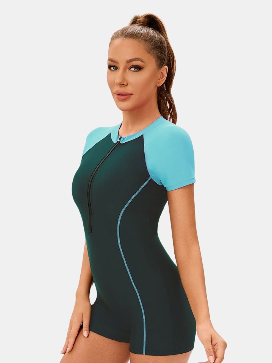 Short Sleeve Front Zip Colorblock Surfing Athletic Women One-piece Sports Swimsuit