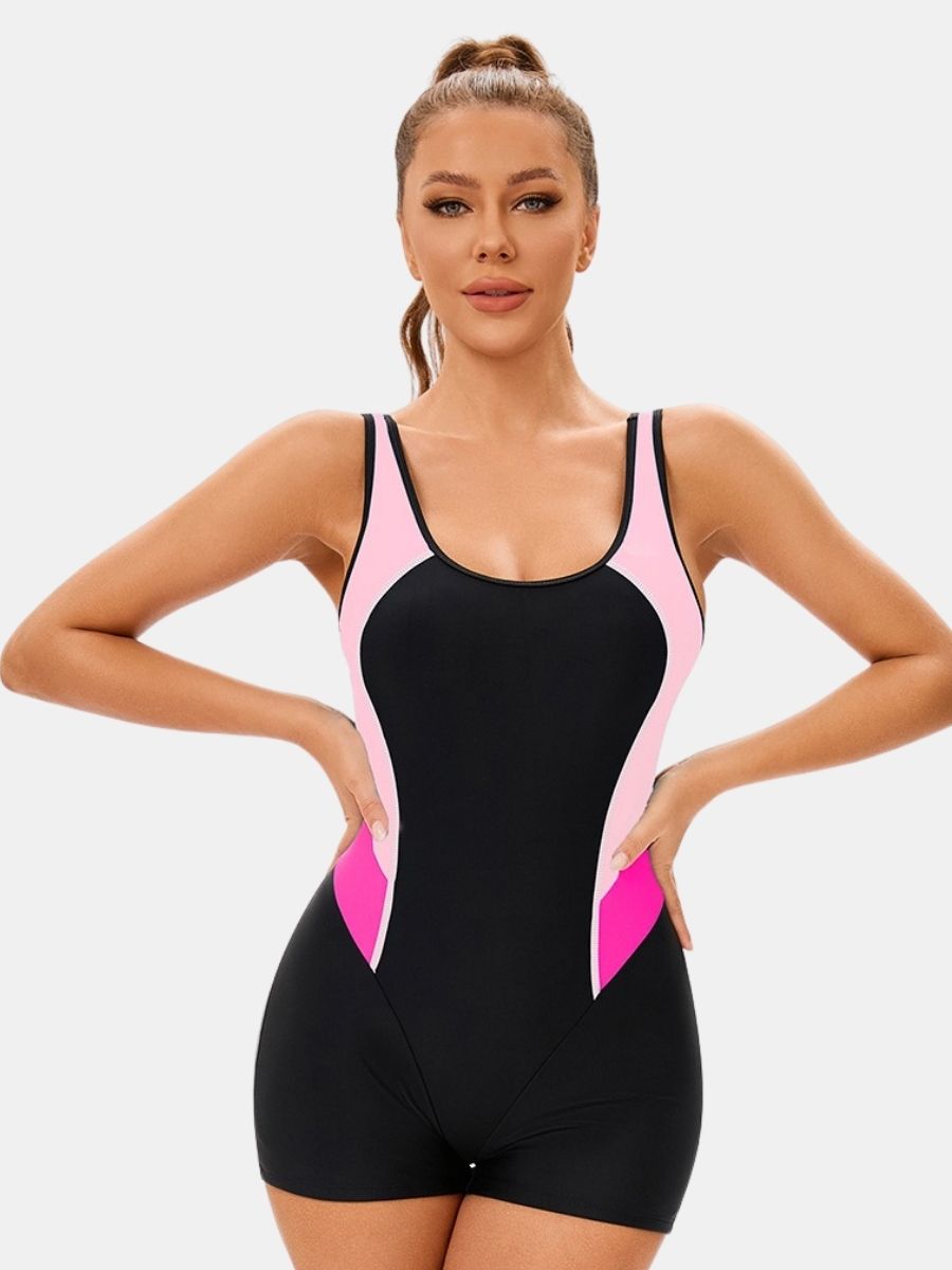 Colorblock Wide Strap Open Back Boyleg Athletic Women One-piece Sports Swimsuit