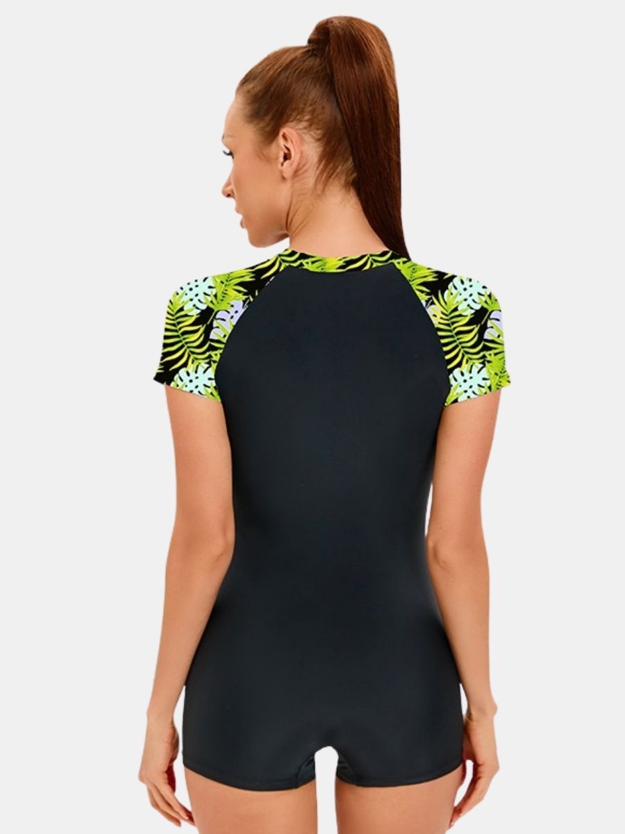 Front Zip Boyleg Floral Print One-piece Women Athletic Sports Swimwear