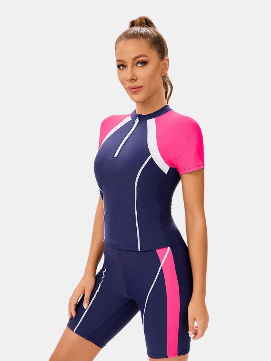 High Neck Front Zip Short Sleeve Boyshort Women Athletic Two-pieces Sports Swimsuit