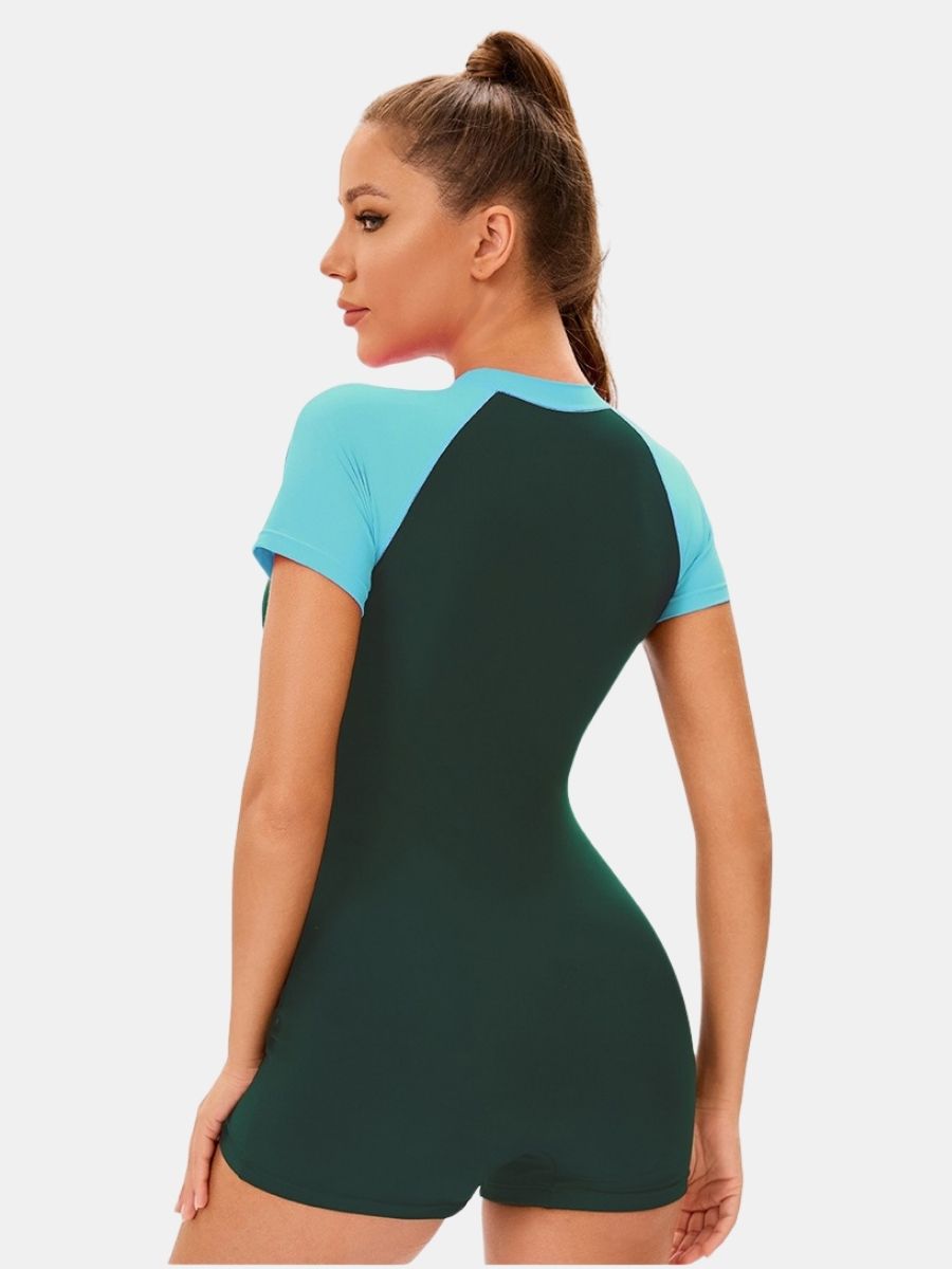 Short Sleeve Front Zip Colorblock Surfing Athletic Women One-piece Sports Swimsuit