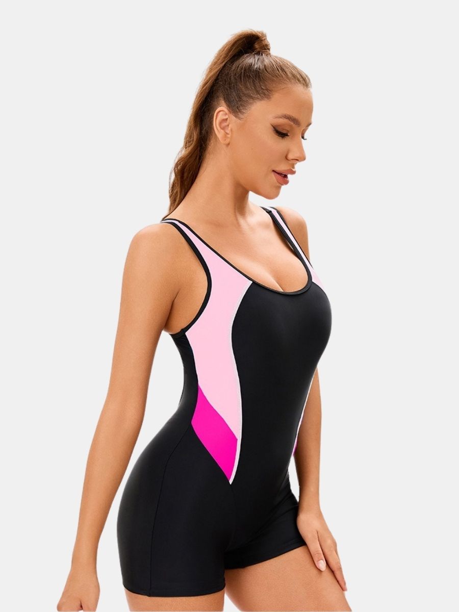 Colorblock Wide Strap Open Back Boyleg Athletic Women One-piece Sports Swimsuit
