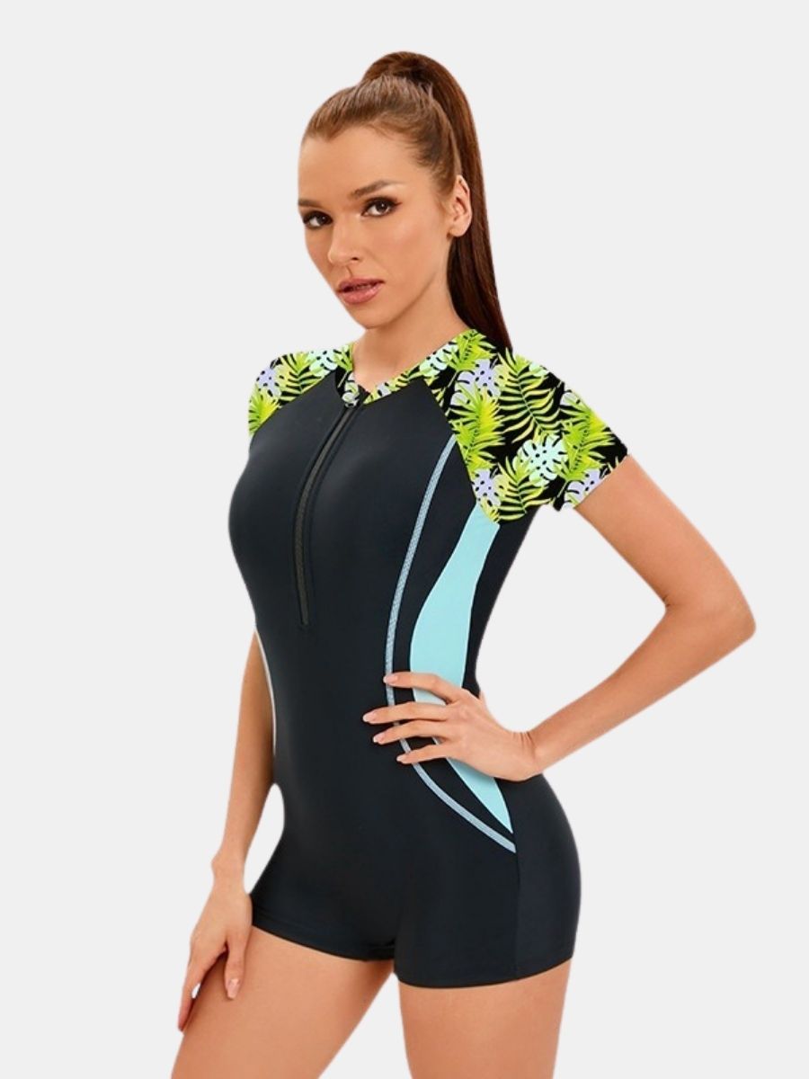 Front Zip Boyleg Floral Print One-piece Women Athletic Sports Swimwear