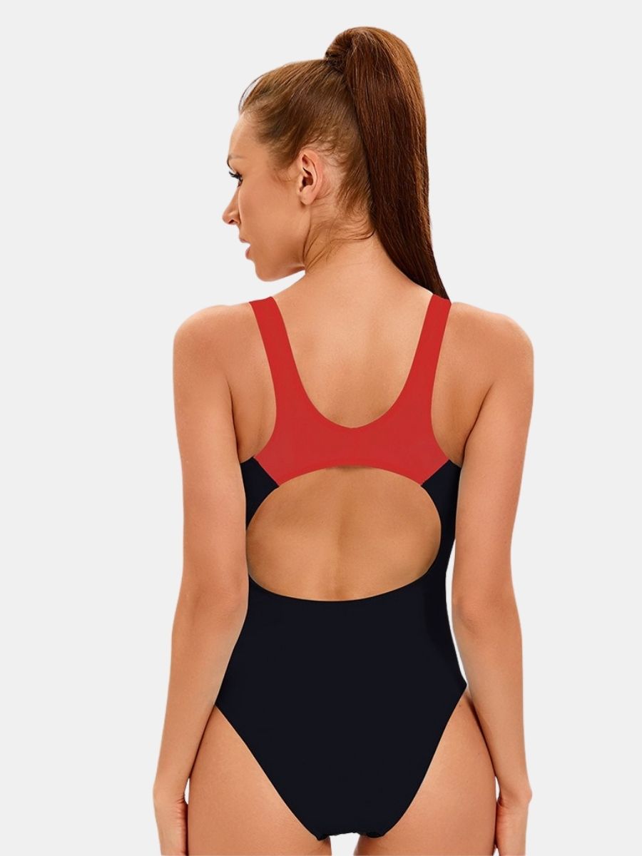 Colorblock Wide Strap U Neck Open Back Athletic Women One-piece Sports Swimsuit