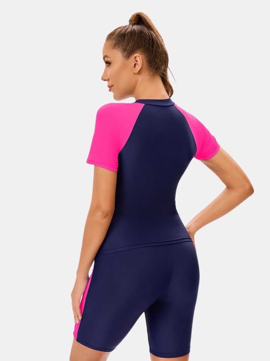 High Neck Front Zip Short Sleeve Boyshort Women Athletic Two-pieces Sports Swimsuit