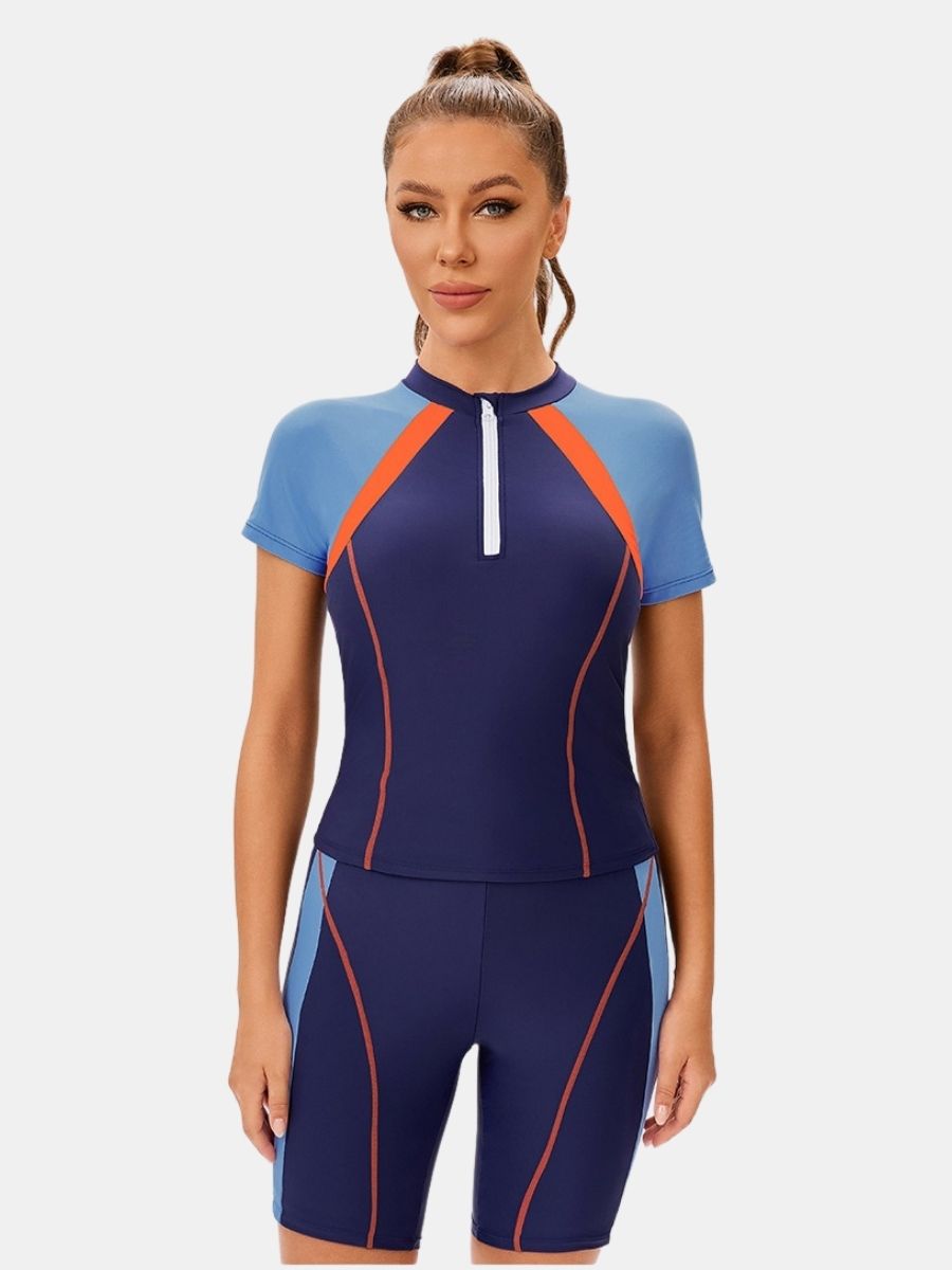 High Neck Front Zip Short Sleeve Boyshort Women Athletic Two-pieces Sports Swimsuit