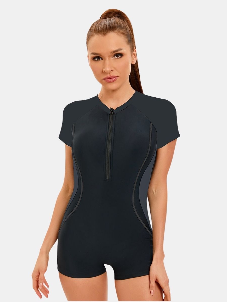 Front Zip Boyleg Floral Print One-piece Women Athletic Sports Swimwear