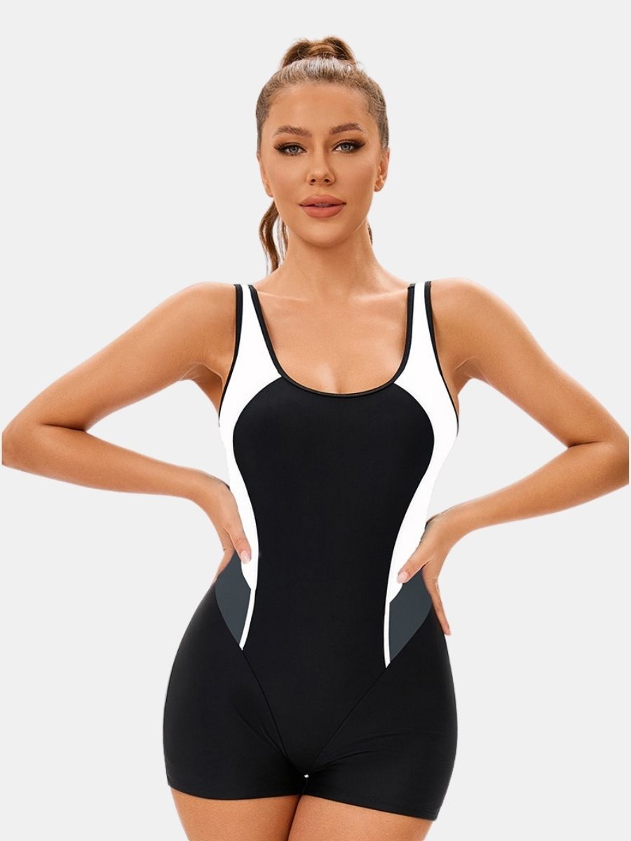 Colorblock Wide Strap Open Back Boyleg Athletic Women One-piece Sports Swimsuit