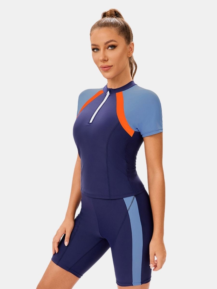 High Neck Front Zip Short Sleeve Boyshort Women Athletic Two-pieces Sports Swimsuit
