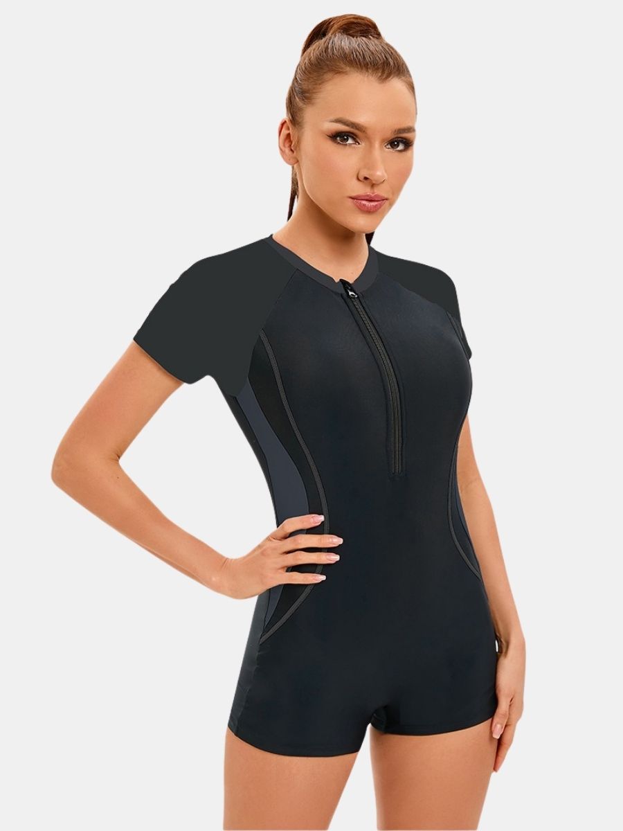 Front Zip Boyleg Floral Print One-piece Women Athletic Sports Swimwear