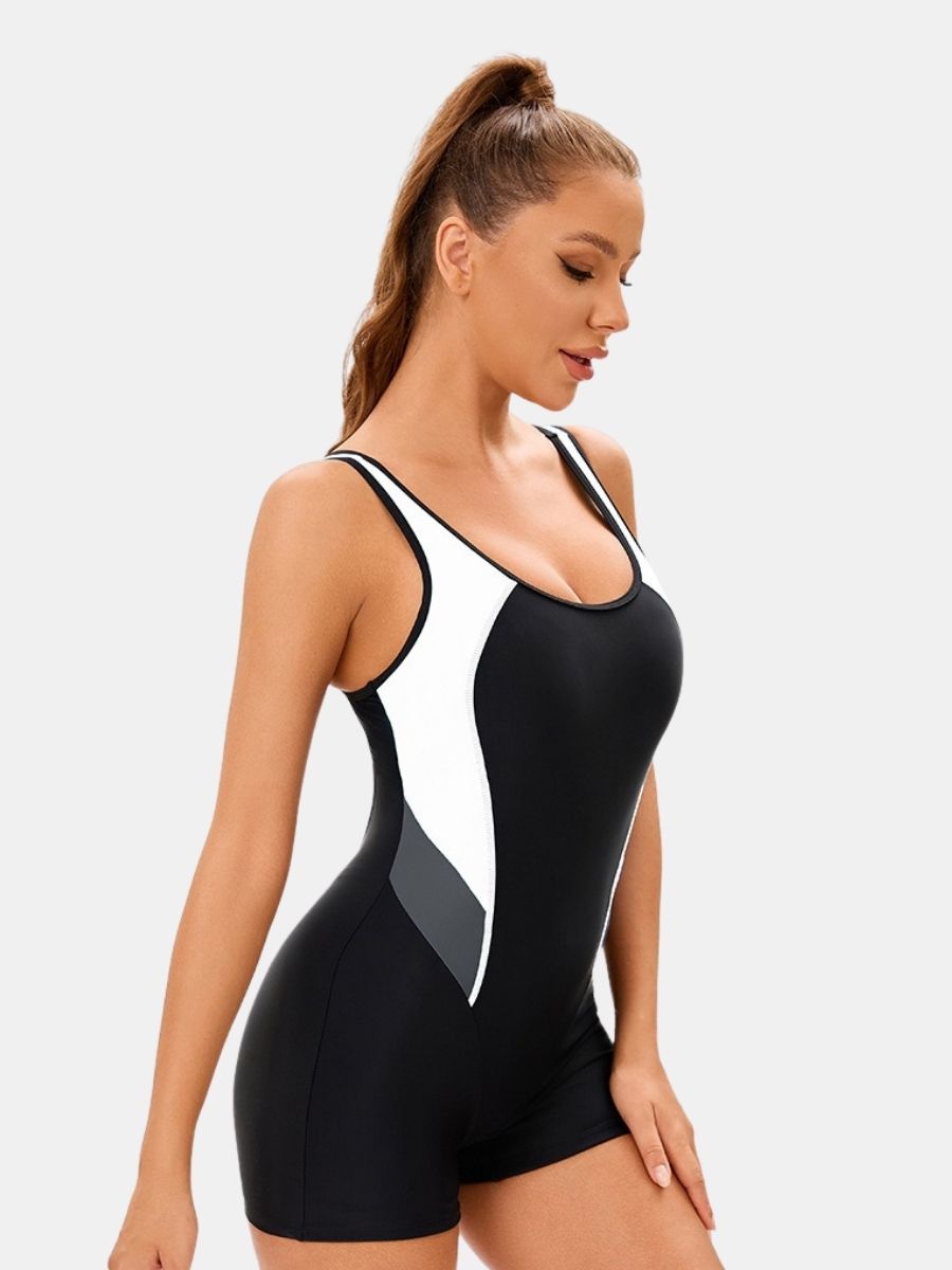 Colorblock Wide Strap Open Back Boyleg Athletic Women One-piece Sports Swimsuit