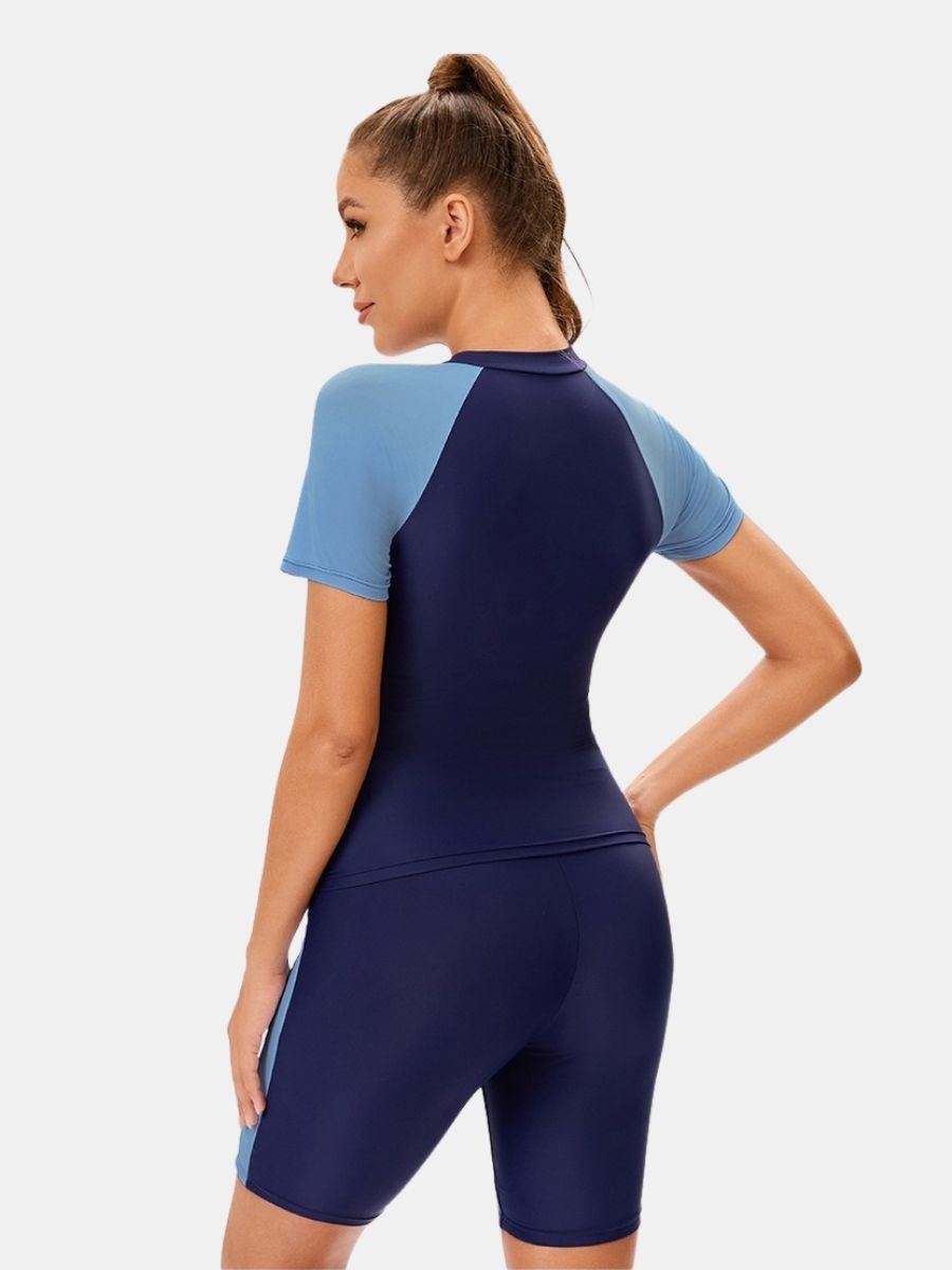 High Neck Front Zip Short Sleeve Boyshort Women Athletic Two-pieces Sports Swimsuit