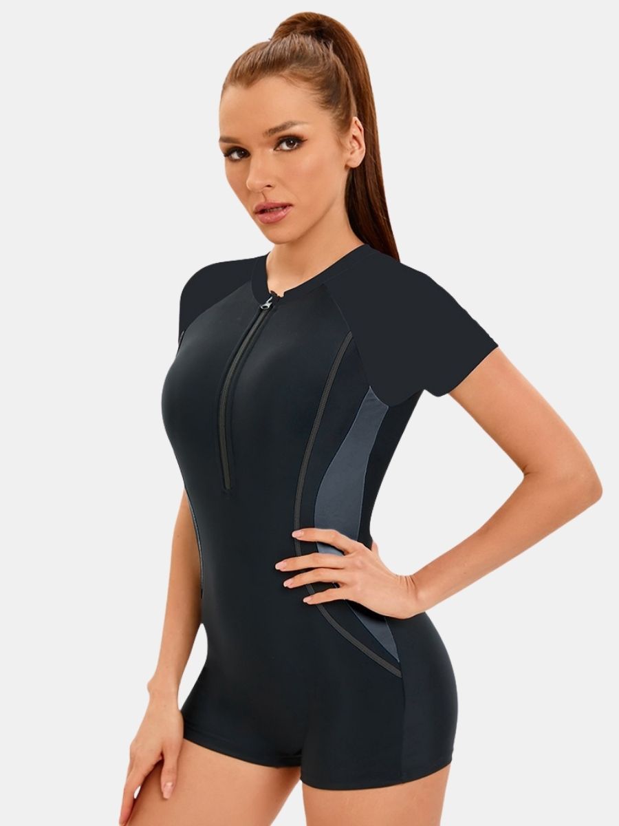 Front Zip Boyleg Floral Print One-piece Women Athletic Sports Swimwear