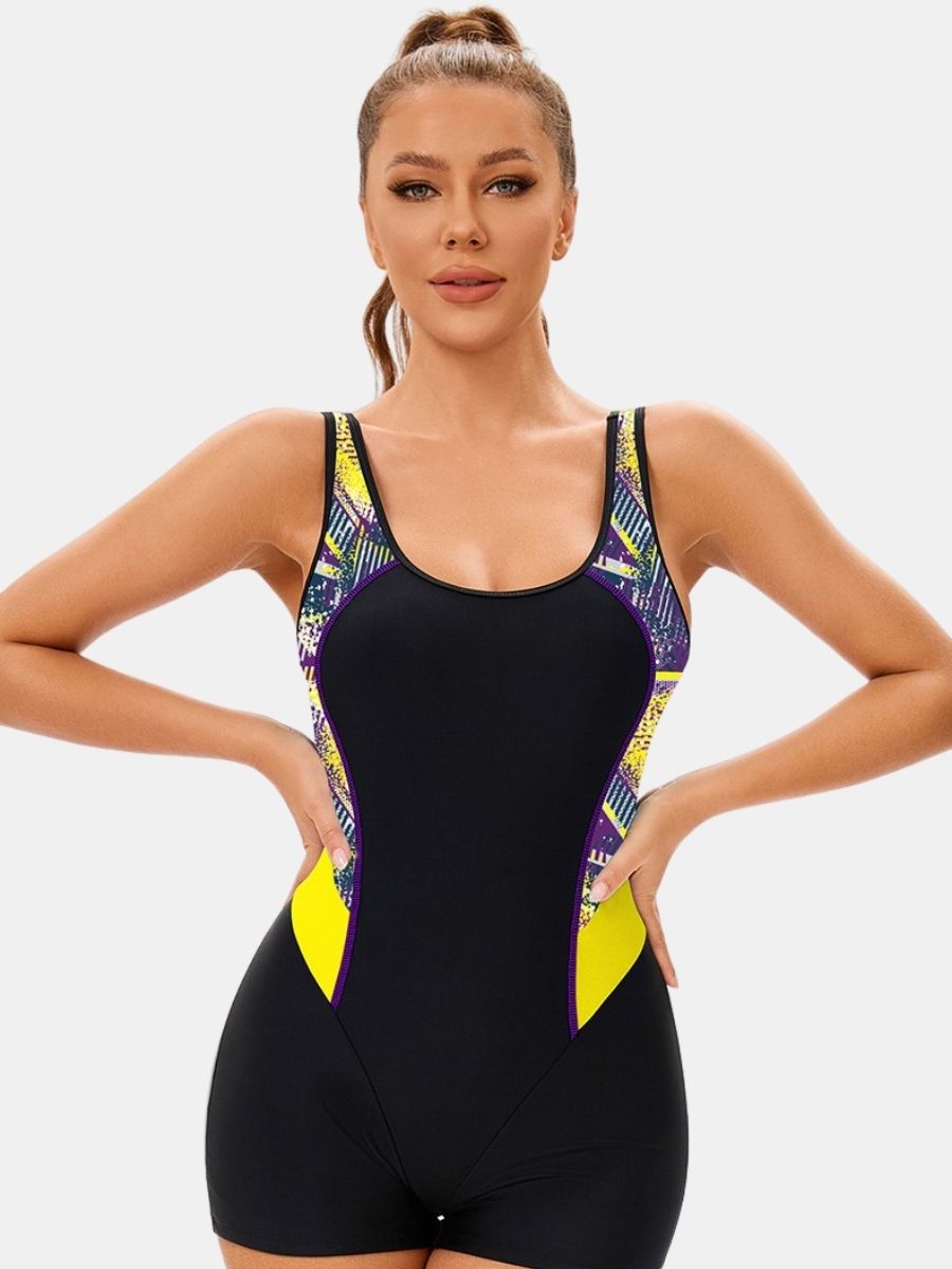 Colorblock Wide Strap Open Back Boyleg Athletic Women One-piece Sports Swimsuit