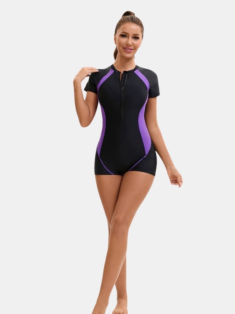 Front Zip Colorblock Boyleg Short Sleeve Athletic Women One-piece Sports Swimsuit