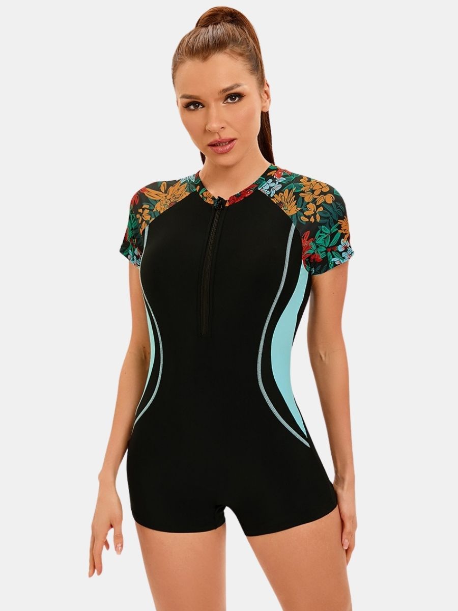 Front Zip Boyleg Floral Print One-piece Women Athletic Sports Swimwear